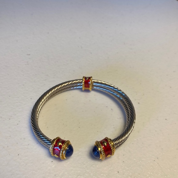 Avon Silver Tone Twisted Rope Cuff Bracelet with Ref Enamel/Blue Stone - Picture 1 of 5